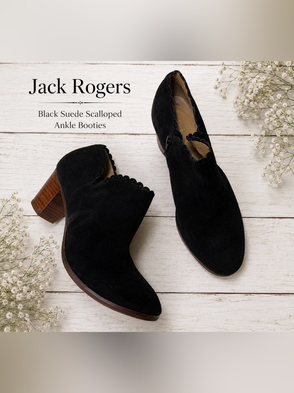 Jack Rogers Black Suede Scalloped Ankle Booties